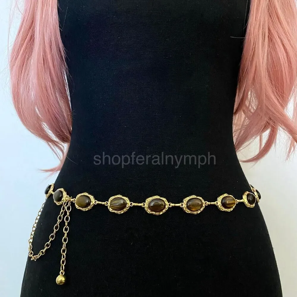 Gold Tiger Eye Faux Stone Western Boho Chain Belt, Fits 16-38 Inches, X7GA1412